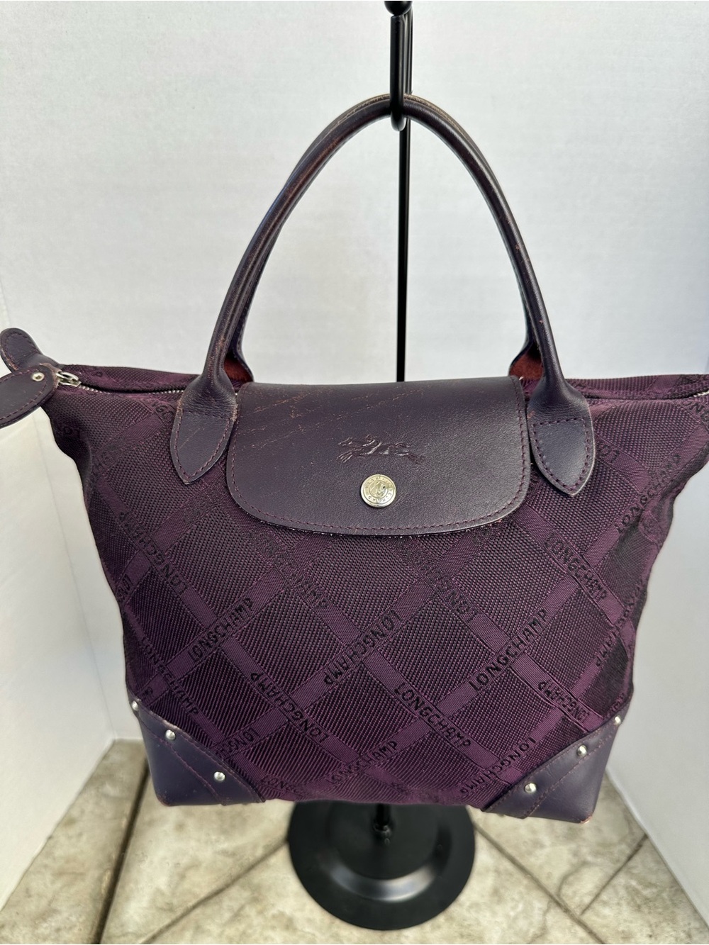 Longchamp Plum Fabric & Leather Top-Handle Tote
